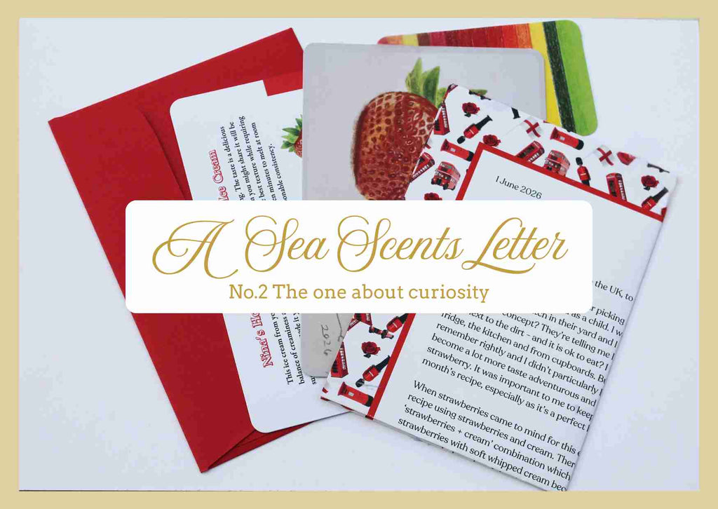A Sea Scents Letter No.2 featuring a red envelope, a strawberry-themed card, and a letter printed with text, overlaid with a white text box reading 'A Sea Scents Letter No.2 The one about curiosity'